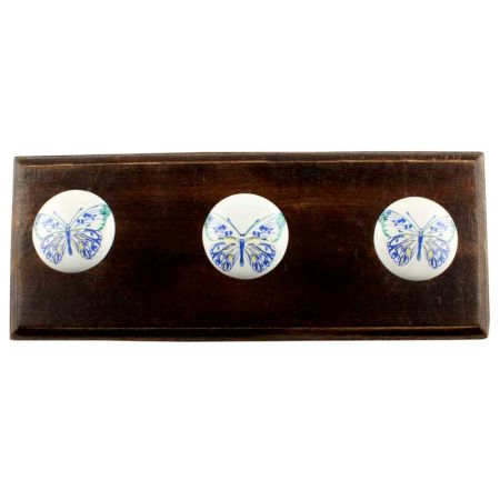 Blue Butterfly Ceramic Wooden Hook